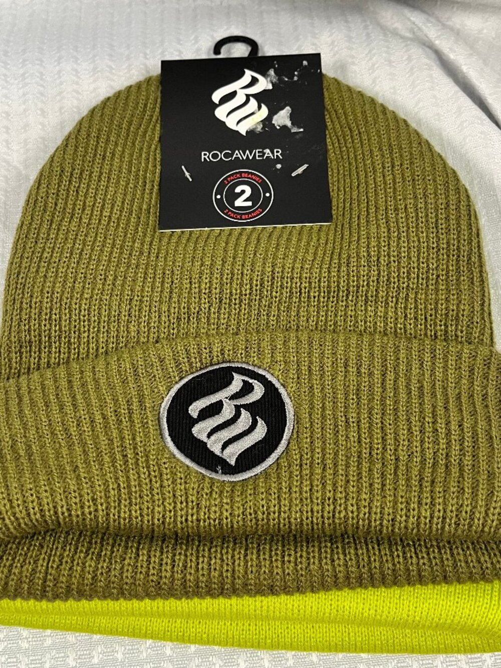 Rocawear Knit Cuffed Beanie 2-Pack NWT Olive Green and Lime Green / Neon Yellow